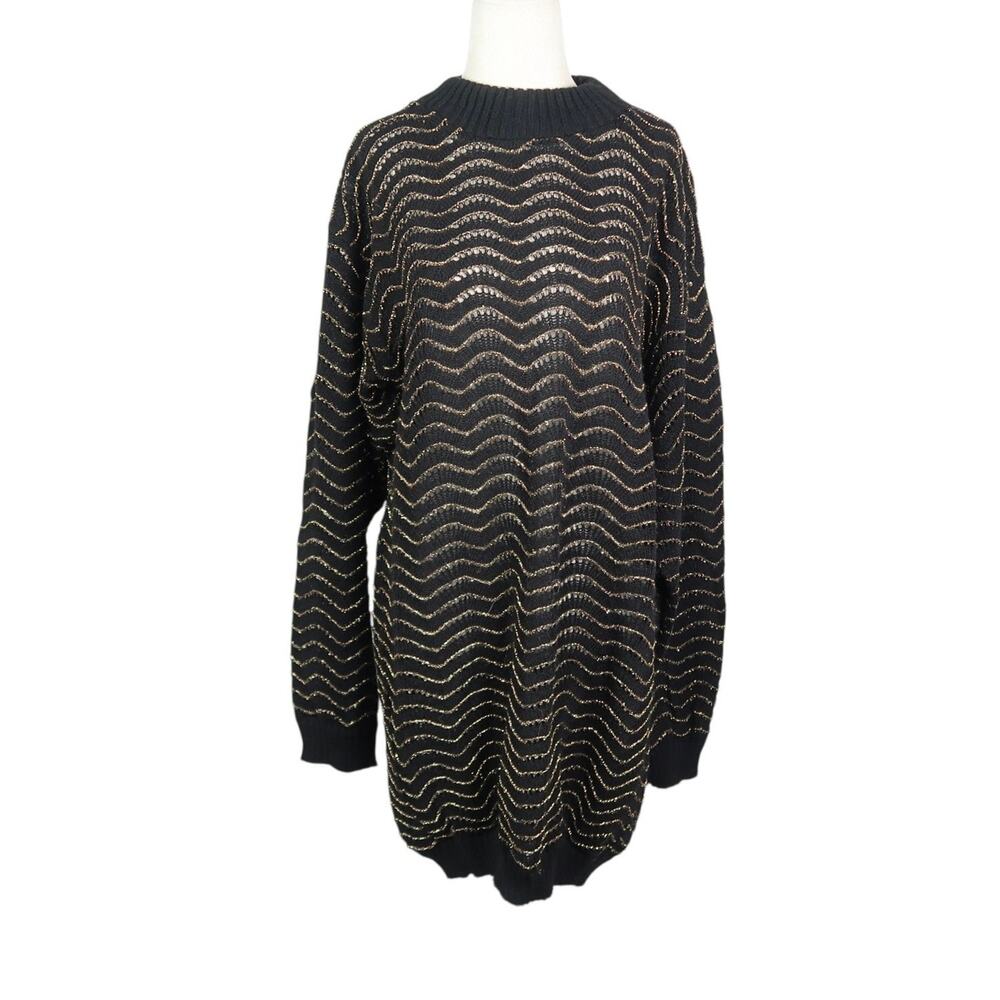 Vintage 80s Village Fair Black and Metallic Gold Wavy Stripe Tunic Sweater XL